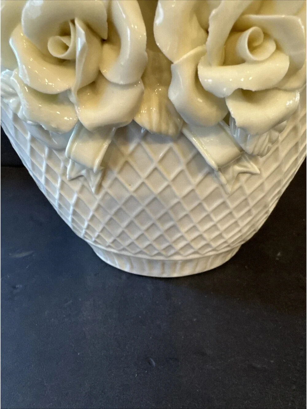 Vintage Porcelain Ivory Floral Vase Diamond Pattern Basket Weave  7” W X 7.5” H